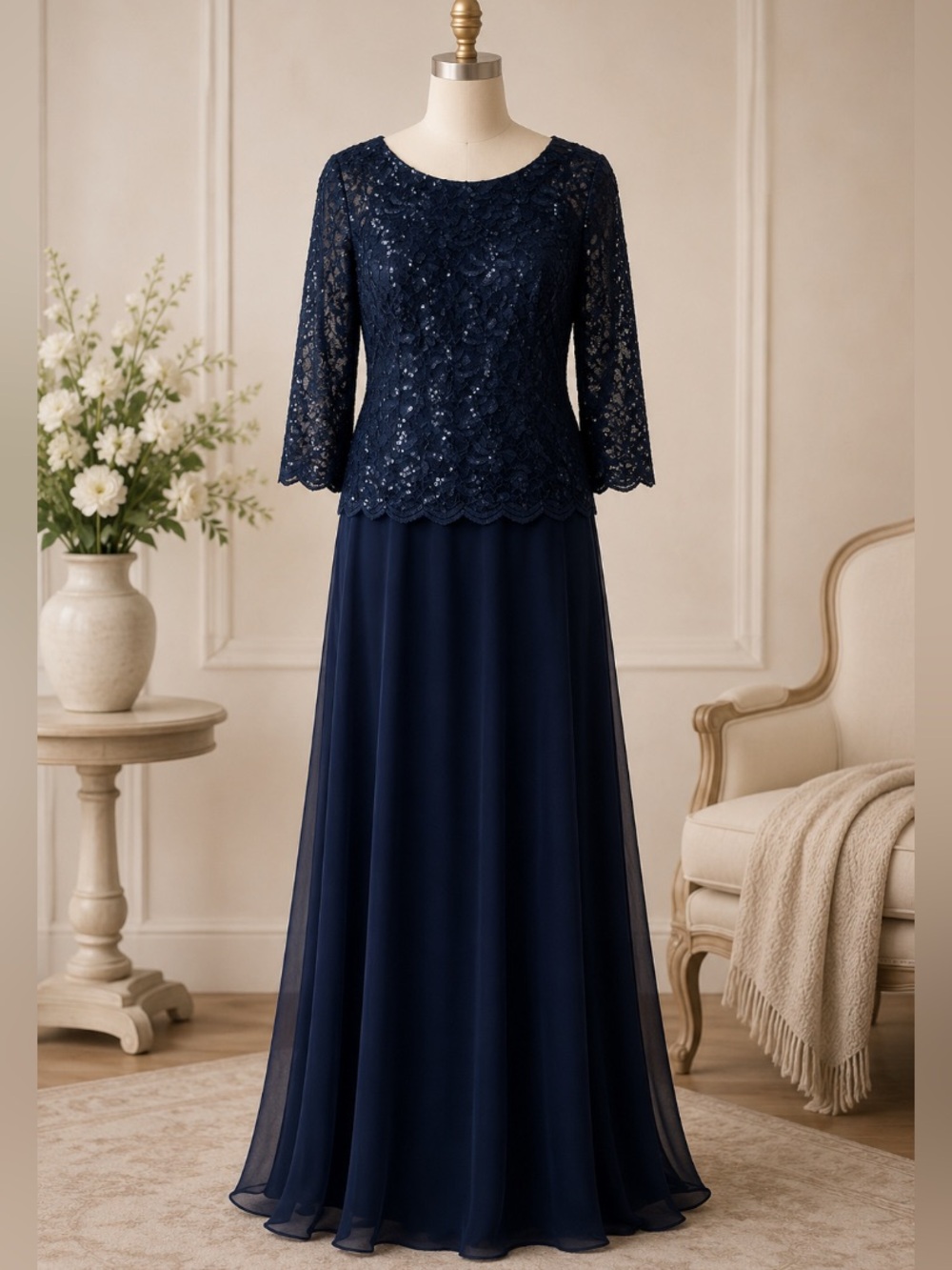 Alex Evenings Elegant Navy Lace & Chiffon Evening Dress ( Sz 10 )